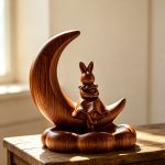 Wooden Rabbit Crescent Moon Sculpture